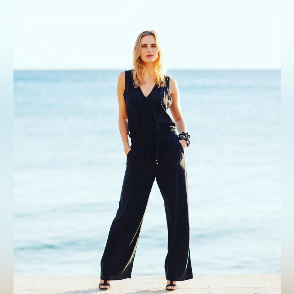 Sea Lily Miami Pia Power Black 100% Silk Wide Leg Jumpsuit Size M